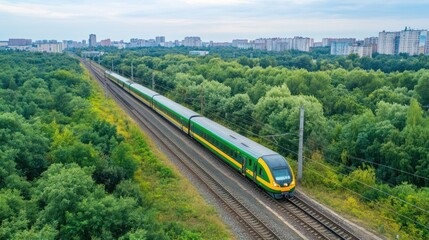 Obraz premium A green train travels along railway tracks surrounded by lush vegetation and urban skyline.