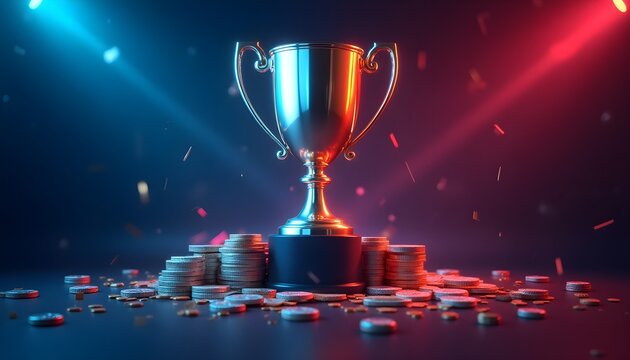 Trophy and poker chips symbolize victory and betting in e-sports.