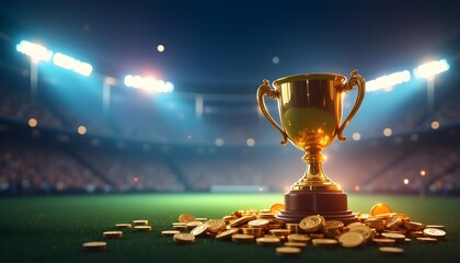 Trophy on coins in stadium, symbolizing e-sports betting rewards.