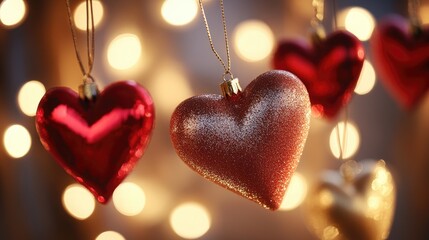 Obraz premium Sparkling Heart Ornaments Hanging Against a Soft Bokeh Background