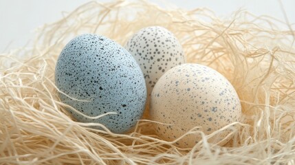 Obraz premium Three Colorful Speckled Eggs Nestled in Natural Straw Background
