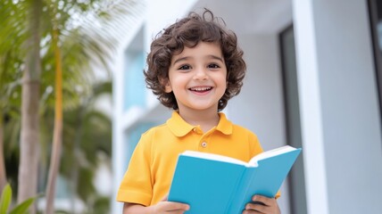 Happy child Indian boy preschooler holding an open book education, enjoying story time in a comfortable home setting a portrait