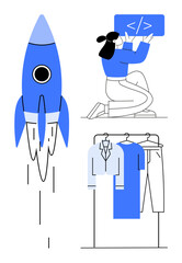 Obraz premium Rocket launching, developer writing code, clothes display on hangers. Ideal for startup culture, technology, fashion, business development, e-commerce innovation entrepreneurship. Line metaphor