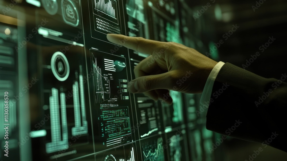 Poster A hand interacting with a digital interface displaying data and analytics.