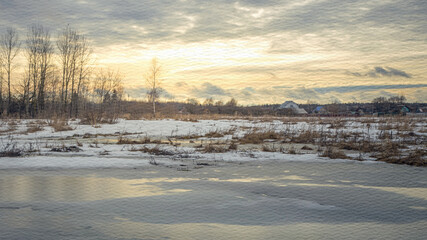 Snowy field with a small house in the distance