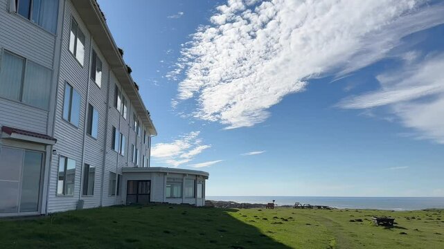 Backdoor of Overleaf Lodge and Spa, in Yachats Oregon overlooking a beach.