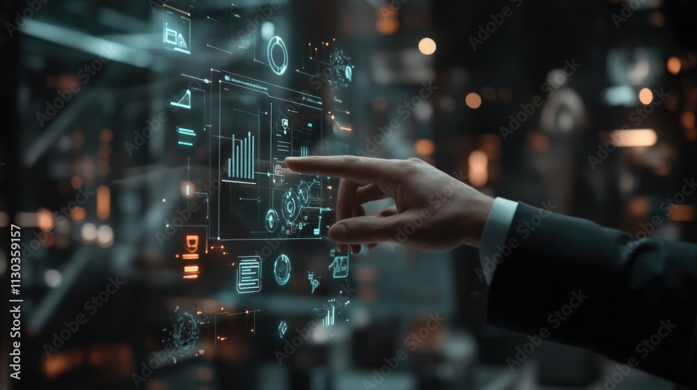 Poster a hand interacts with a futuristic touchscreen displaying data and analytics.