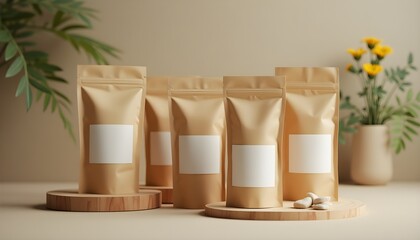 Eco-friendly kraft paper bags with labels, surrounded by plants, symbolize sustainable packaging.