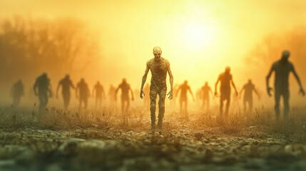 Fototapeta premium apocalypse and global crisis concept. Mysterious figures walking towards a glowing sunset in a foggy landscape.