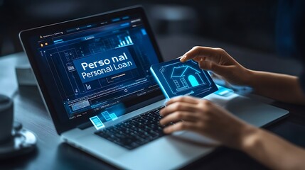 Businessman using a laptop and holding a blue icon