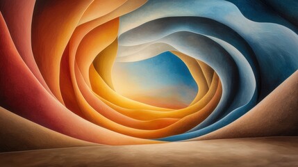 A vibrant, swirling composition of geometric shapes and vivid colors that seem to shift and meld together in a dreamlike display of depth and movement.