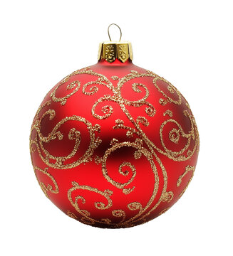 Elegant red Christmas bauble featuring intricate gold glitter swirls and a metallic cap, ideal for festive decor and seasonal celebrations.