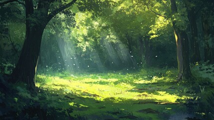 Obraz premium Serene Sunlit Forest Clearing with Lush Greenery and Gentle Rays