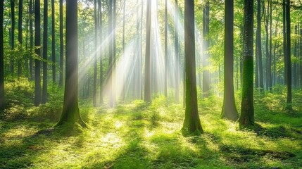 Obraz premium Sunlight Streaming Through Trees in Serene Forest Landscape