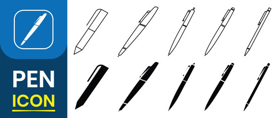 Fototapeta premium Pen line icon, vector collection. Write icon collection. Collection pen silhouette, icons for writing and artistic tools. Drawing , Signature pen outline and filled vector sign. Vector illustration.