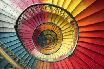 Fototapeta premium Vibrant spiral staircase with multicolored steps and ornate railing - modern architectural design