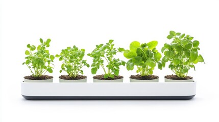 Fototapeta premium Fresh and Vibrant Herb Garden with Various Green Plants in Modern White Planter on Clean White Background for Home or Kitchen Decoration