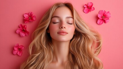 Fototapeta premium Blond woman with closed eyes, lying on a pink background, surrounded by flowers. Soft makeup, healthy skin, beautiful hair.