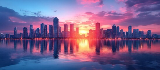 Fototapeta premium Vibrant city skyline reflected in calm water at sunset.