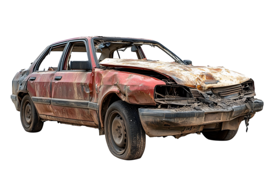 Wrecked car with damaged front end isolated on a white background. PNG transparent.