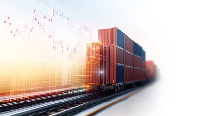 Obraz premium Transportation of Shipping Containers on Railway with Graphical Data Overlay Representing Logistics Efficiency and Supply Chain Management Concepts
