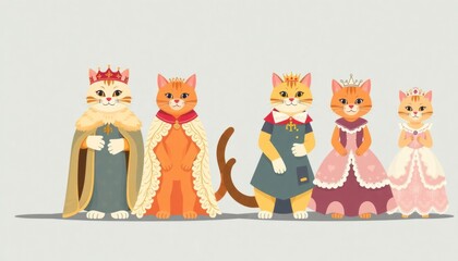 Fototapeta premium Noble Cat Family - Cat King - Cat Queen - Cat Prince - Cat Princess - Set of Funny Cartoon Cats