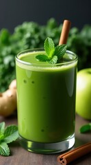 A vibrant green smoothie in a glass garnished with fresh mint leaves, surrounded by apples, ginger, and cinnamon sticks on a wooden surface
