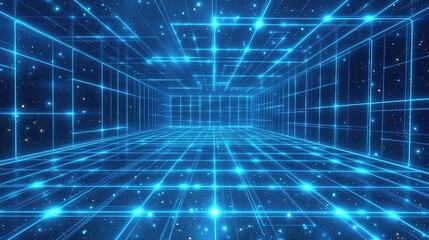 Obraz premium Abstract Digital Space with Glowing Neon Grid and Cosmic Background