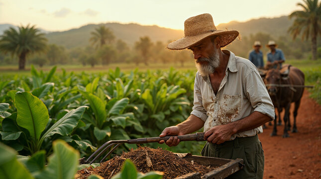 Agricultor trabajando en un campo de tabaco en Cuba al atardecer