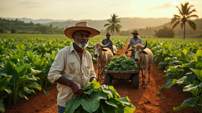 Agricultores cubanos trabajando en un campo al atardecer