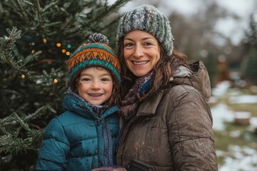 Fototapeta premium Portrait of a single parent and child standing outside in front of a Christmas tree. They are bundled up, smiling and holding hands, Generative AI