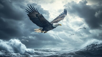 Naklejka premium A majestic eagle soars above turbulent ocean waves under a dramatic sky.