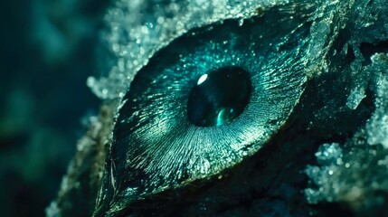 A detailed view of a green peacock feather with its iconic eye pattern shimmering in iridescent blue and green tones