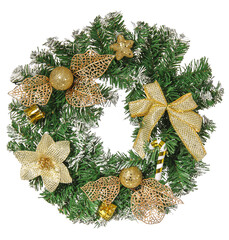 Christmas and New Year's wreath, with balls, bows and fir tree on a white isolated background.