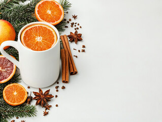mug of gl&uuml;hwein topped with orange slices, apples, and spices, surrounded by festive greenery, perfect for holiday designs