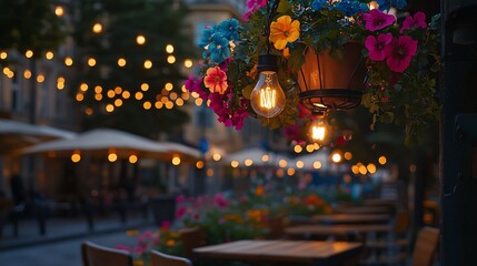 Obraz premium Cozy Outdoor Cafe Terrace with Festive Lighting and Floral Decor in Nighttime City