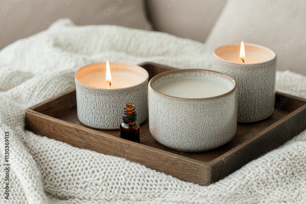 Aufkleber cozy home wellness setup with burning candles and essential oils creating relaxing atmosphere
