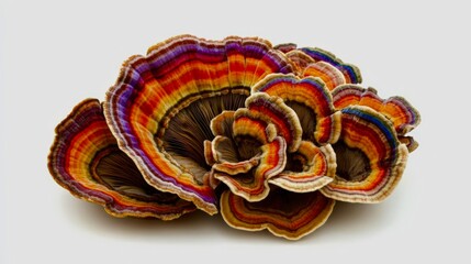 A dramatic cluster of turkey tail mushrooms with multicolored stripes arranged neatly