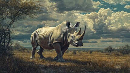 Fototapeta premium A majestic rhinoceros stands in a vast savanna under a dramatic sky.