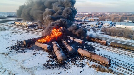 Fiery Train Derailment Disaster Causing Massive Smoke Plume and Environmental Hazard