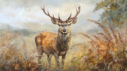 Fototapeta premium A majestic stag stands in a serene, autumnal landscape surrounded by ferns.