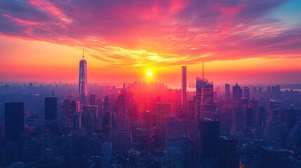 Fototapeta premium Vibrant sunrise over a hazy city skyline. (1)