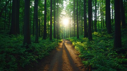 Fototapeta premium Sunlight filtering through trees on forest path at sunset