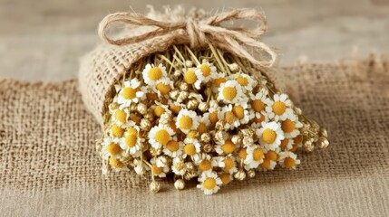 A dried chamomile bundle tied with a burlap ribbon, its tiny flowers clustered together
