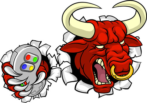 Bull Minotaur Longhorn Cow Gamer Mascot Cartoon