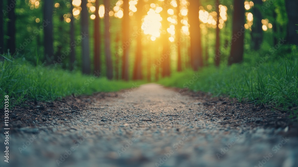 Poster Forest path with sunlight filtering through trees at sunset