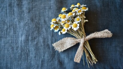 A dried chamomile bundle tied with a burlap ribbon, its tiny flowers clustered together