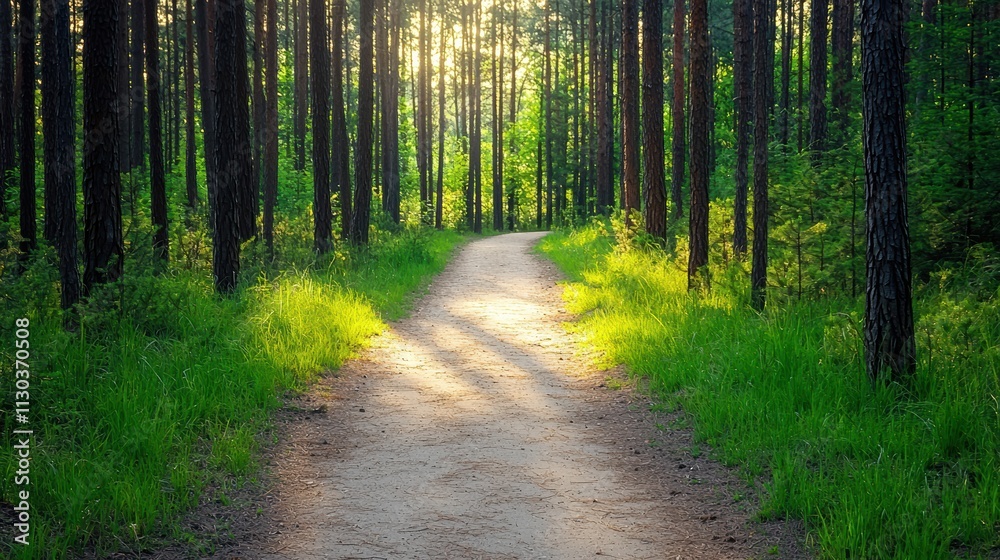 Aufkleber Sunlight filtering through trees on a serene forest path