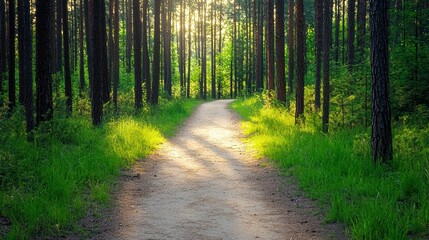 Obraz premium Sunlight filtering through trees on a serene forest path
