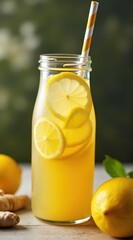 Fototapeta premium Refreshing lemonade with fresh lemon slices in a glass jar with a striped straw, surrounded by whole lemons, ginger, and green leaves on a blurred background